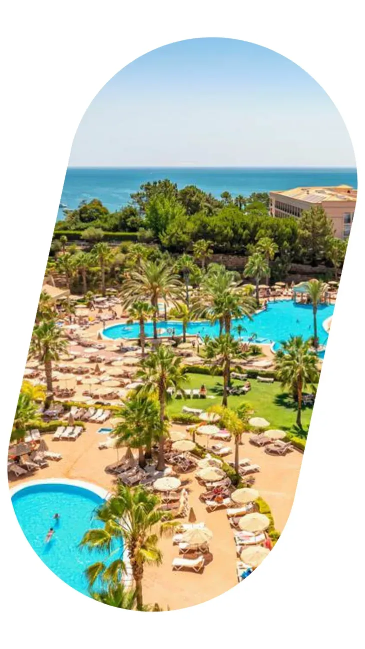 A resort pool among palm trees, the sea behind.