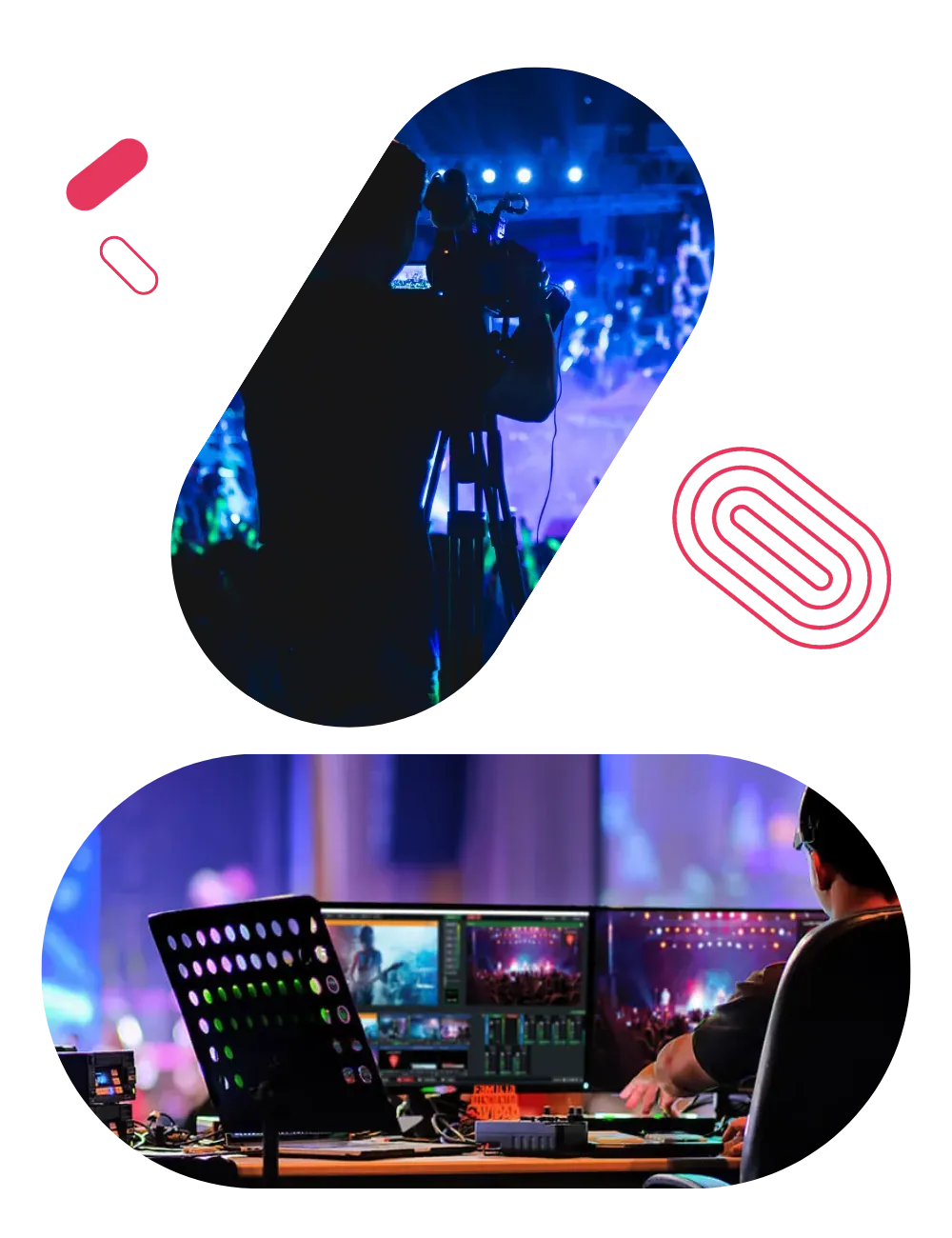 A video camera filming a stage lit in blue, and the gallery desk with several monitors during the broadcast.