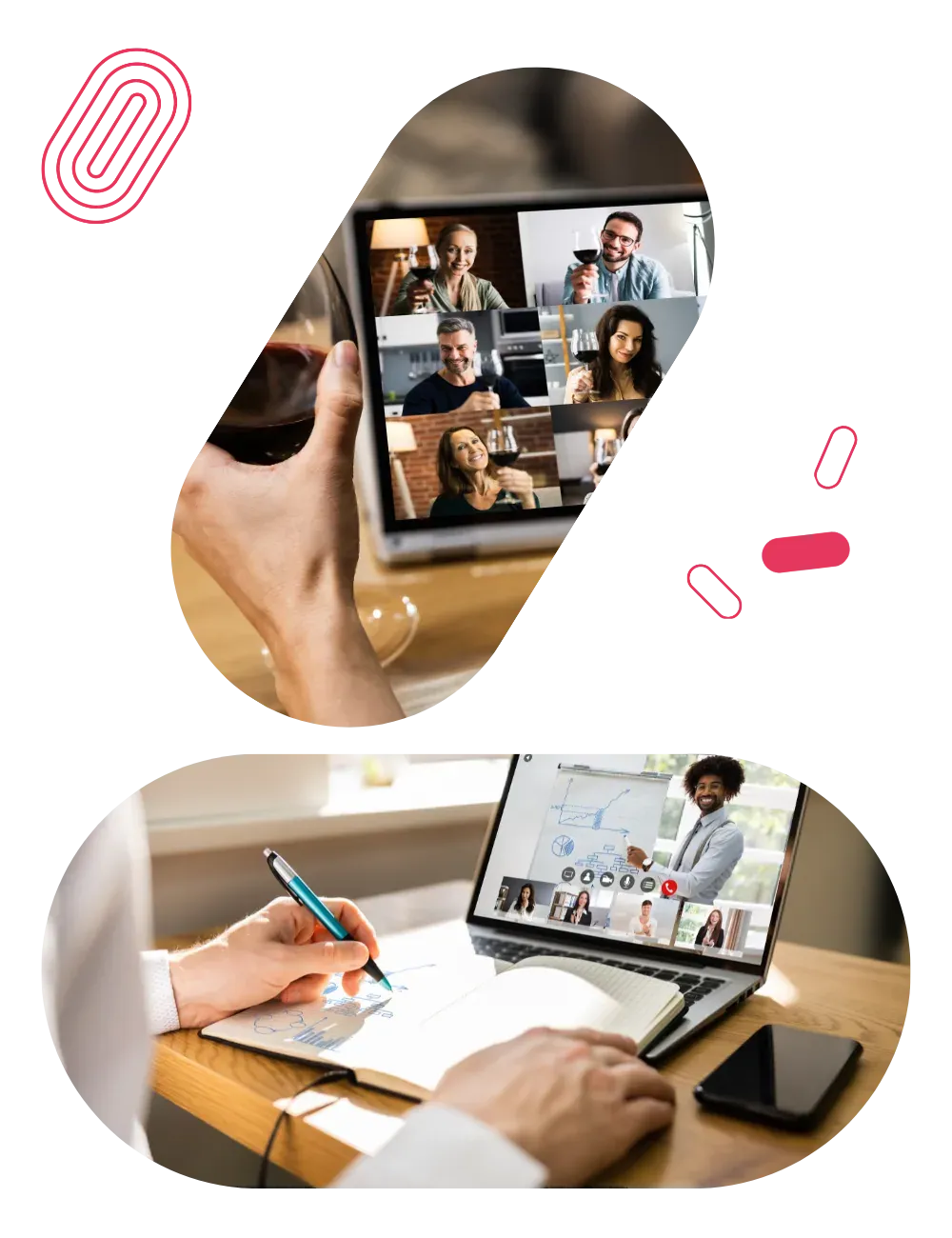 A tablet showing a video call grid, and a person taking notes in front of a laptop with the session running.