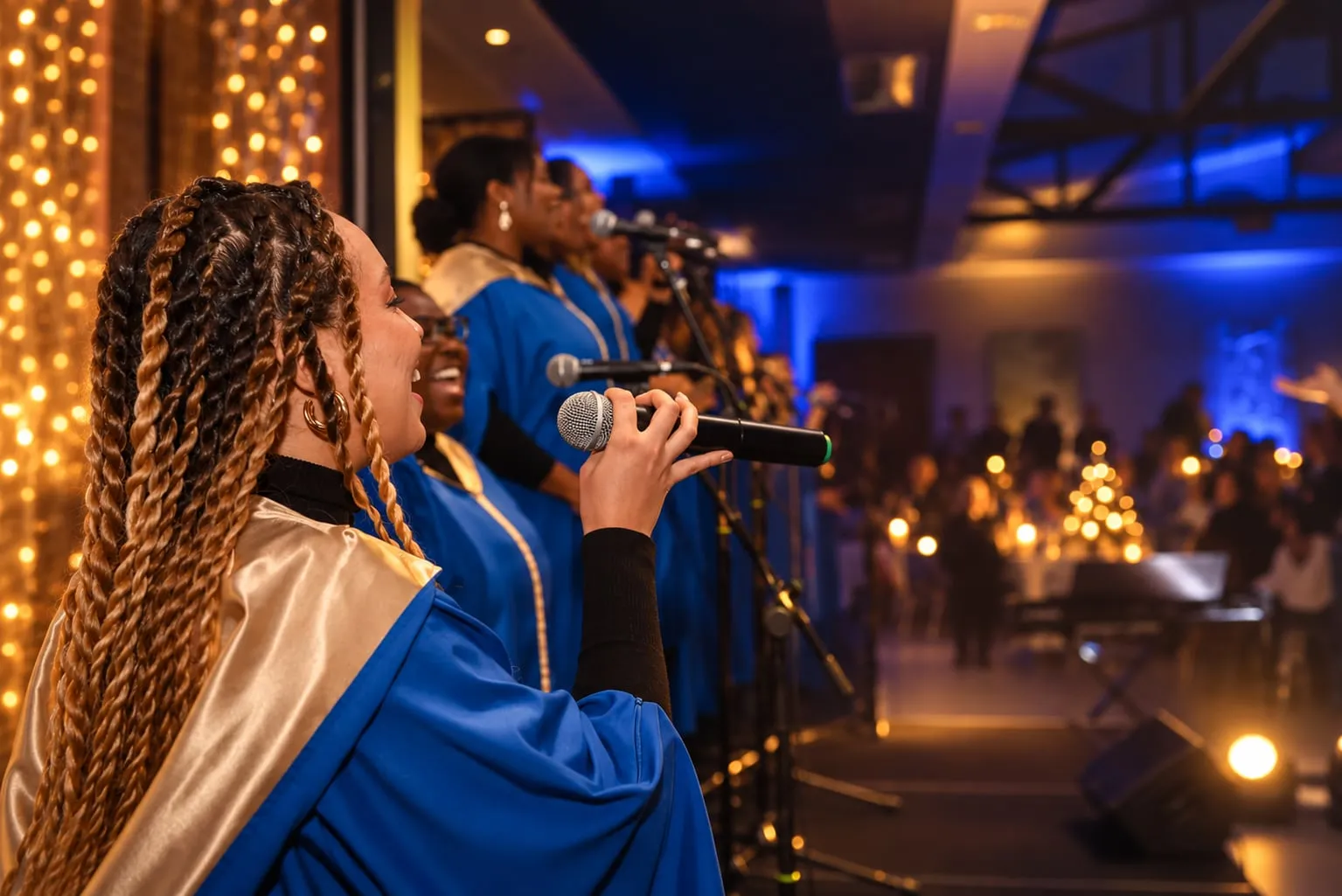 Coro gospel de túnicas azuis a cantar durante o jantar de Natal de uma empresa.
