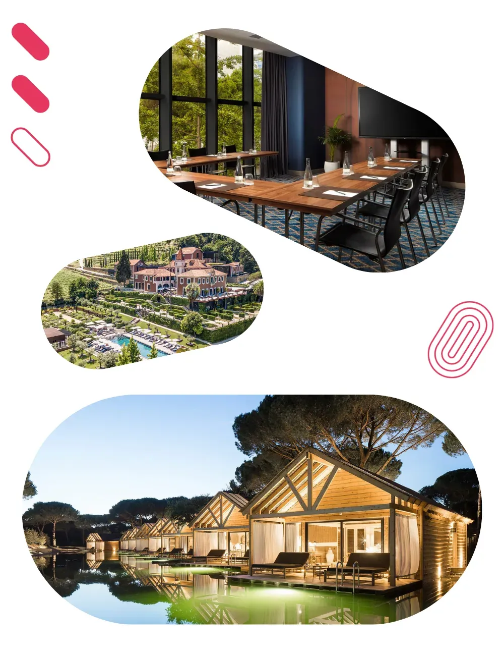 A long meeting table by tall windows, an aerial view of a resort among trees, and a wooden lodge at dusk beside a lake.