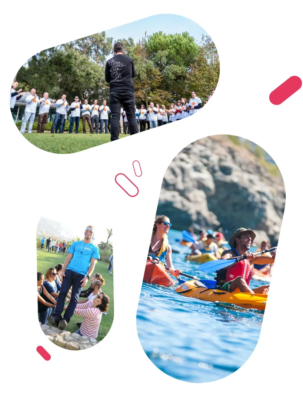 A team outdoors listening to a facilitator, a group activity on the grass, and participants in life jackets kayaking beside a cliff.