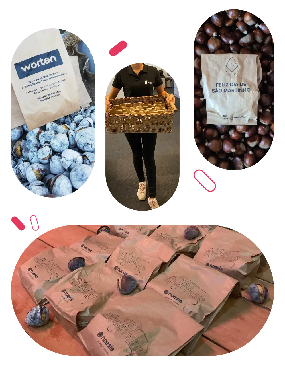Saco de castanhas, um cesto de vindima, um pacote de chocolates e castanhas espalhadas sobre uma mesa.