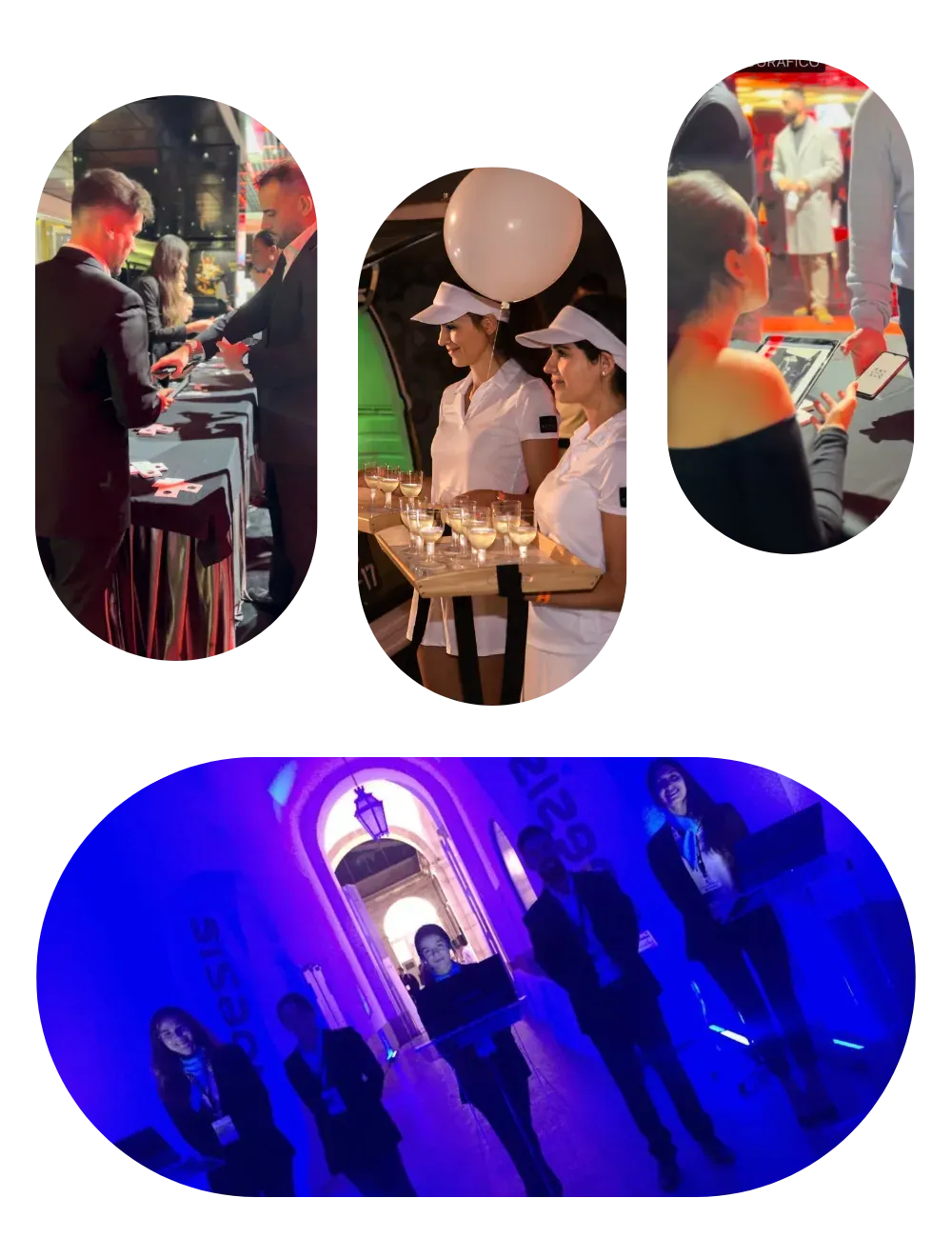Hosts welcoming guests, staff serving at a table, and a stage lit in blue during a show.