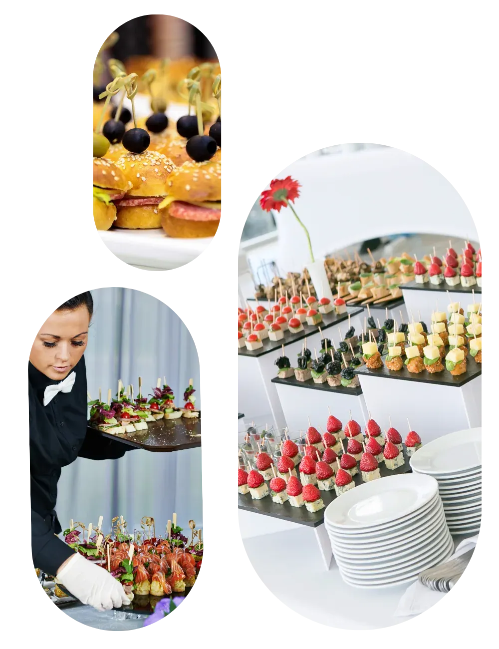 Trays of canapés and tiered desserts, and a waiter preparing service.