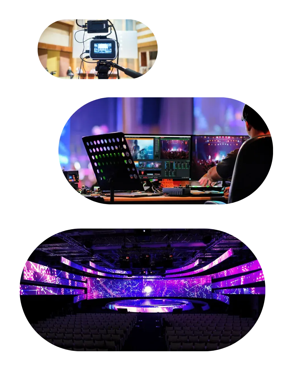 A video camera filming, a mixing desk with several monitors, and a congress stage lit in purple.