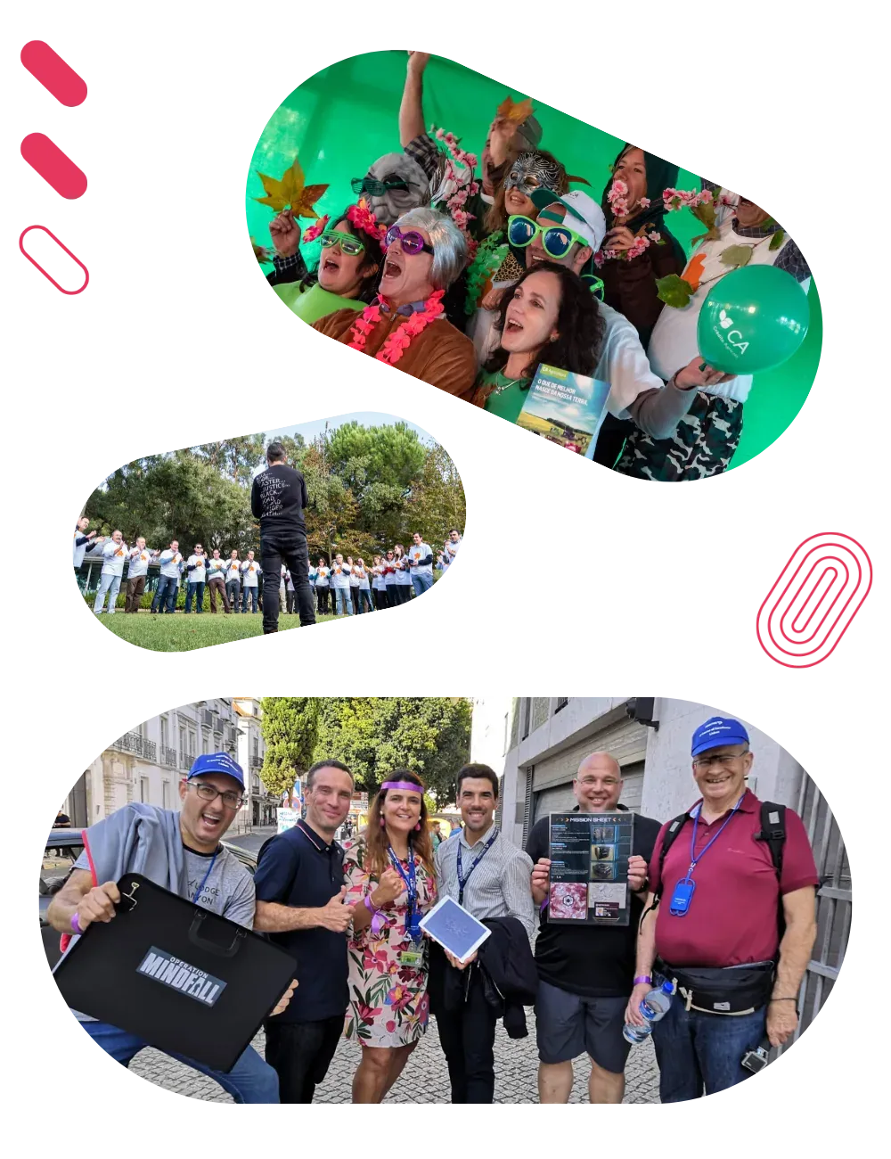 A group celebrating in green costume, a marching band in the street, and colleagues posing with tasting cases in hand.