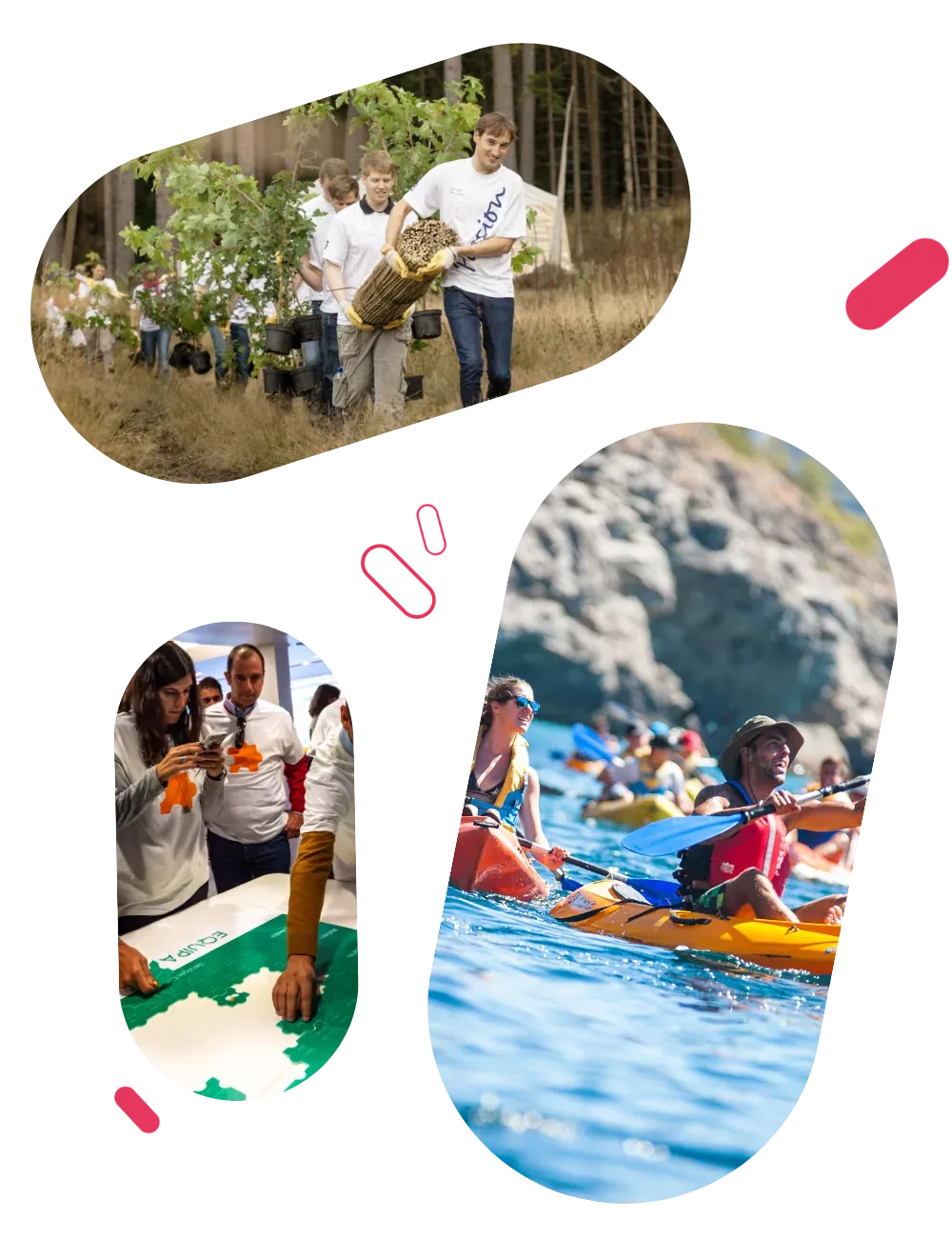 A team planting trees in a pine wood, colleagues around a table in a creative task, and participants kayaking.