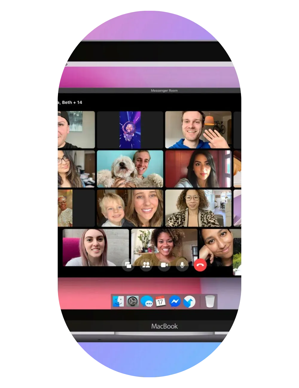 A laptop showing a video call grid with dozens of smiling participants.